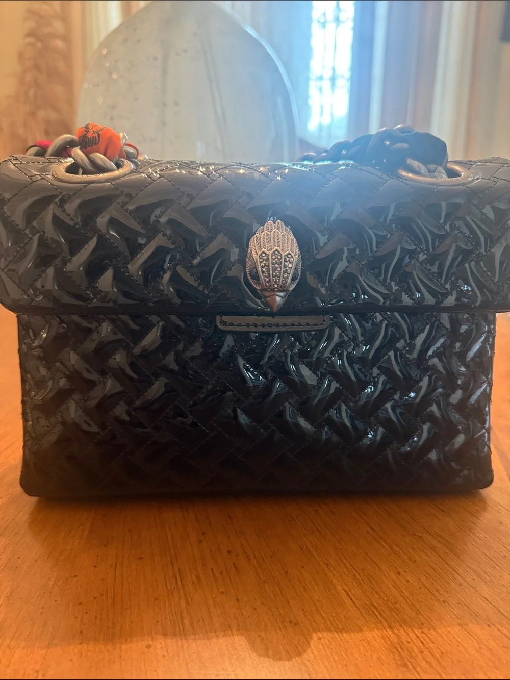 Kurt Geiger Black Quilted Patent Shoulder Bag with Multicolor Chain - Picture 2 of 6